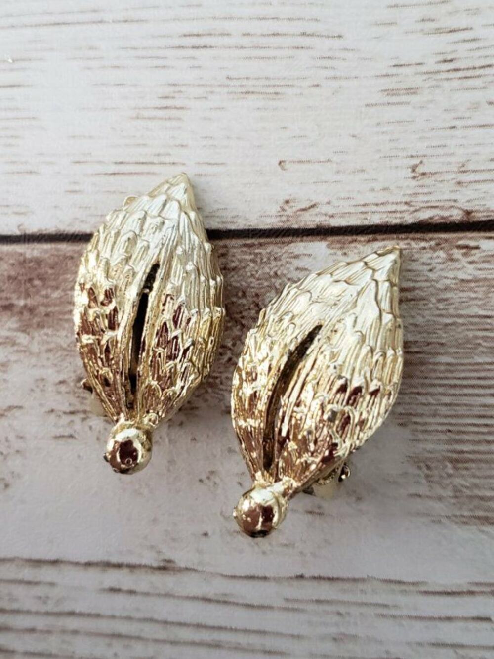 Vintage Clip On Earrings Gold Tone Large Statement Leaf
